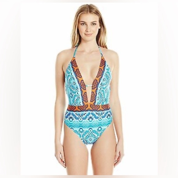La Blanca Other - NWT La Blanca Size 10 Blue and Orange One Piece Swimsuit w/ Plunging V-Neckline